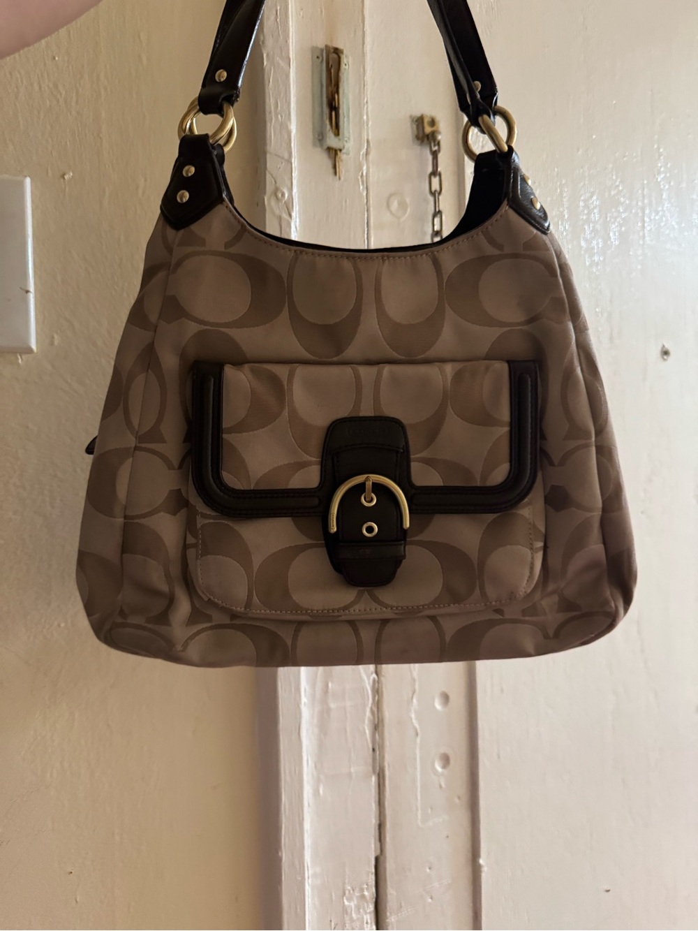 Coach Y2k Signature Canvas Hobo Bag in Khaki with Dark Brown Trim